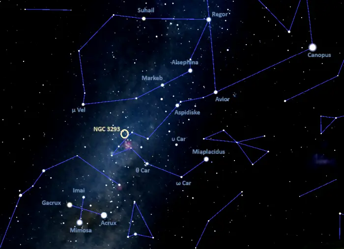ngc 3293 location,how to find the gem cluster,where is ngc 3293 in the sky